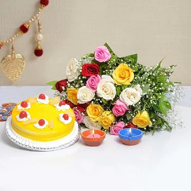Mixed Roses With Cake & Diyas