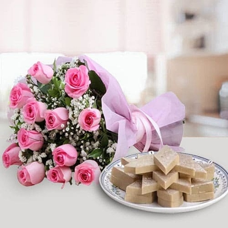 Pink Roses With Kaju Katli