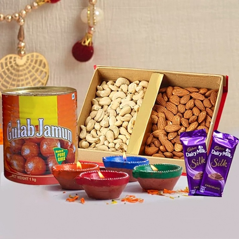Dry Fruits with Gulab Jamun & Silk WIth Diyas