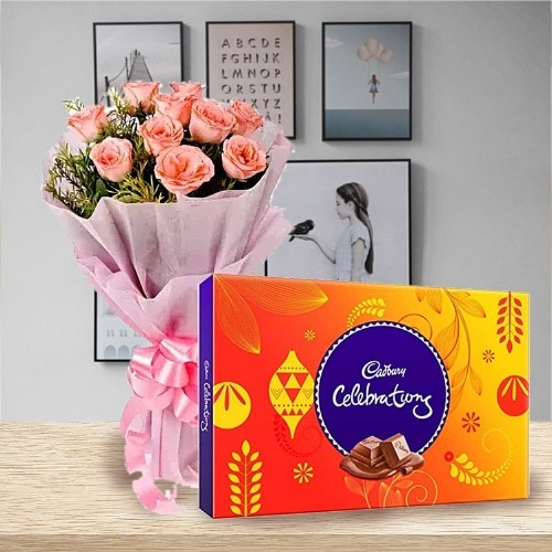 Pink Roses With Celebrations Christmas Gifts